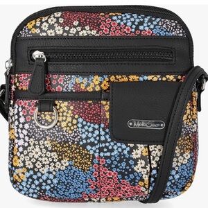 MultiSac North South Mini Zip Around Crossbody Bag Black,Multi Colored Flowers